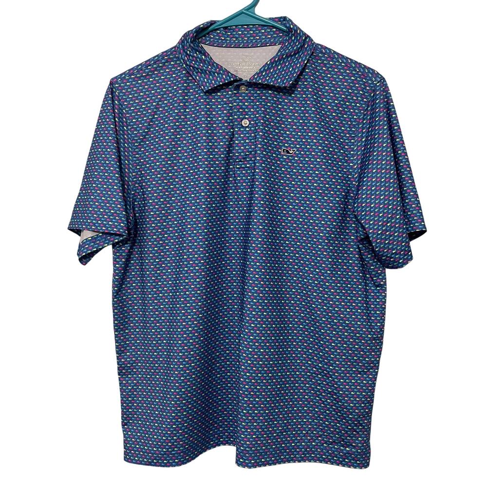 Vineyard Vines Performance Polo Shirt Boys XL 18 Blue Multi Color Whale Print